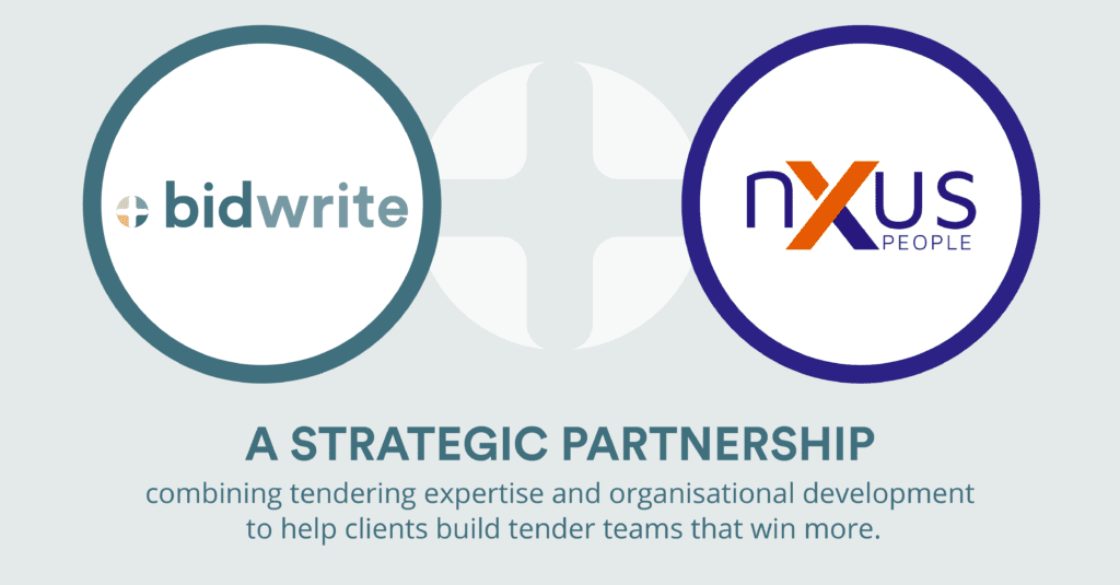 Logos of BidWrite and nXus People side by side, announcing their new strategic tendering partnership