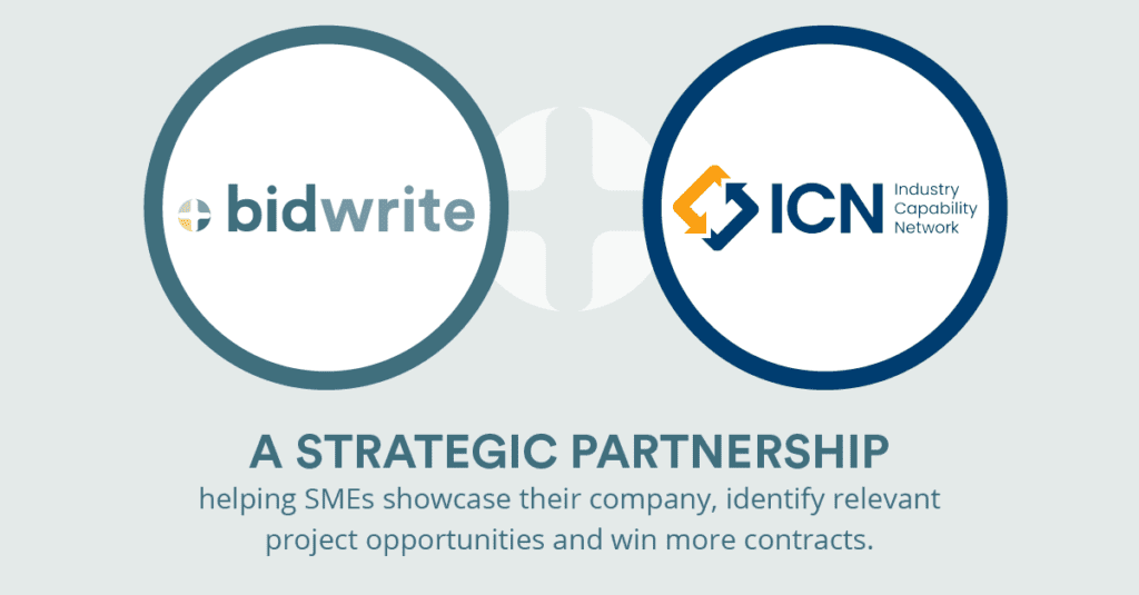 Graphic with BidWrite logo and Industry Capability Network (ICN) logo representing a strategic partnership.
