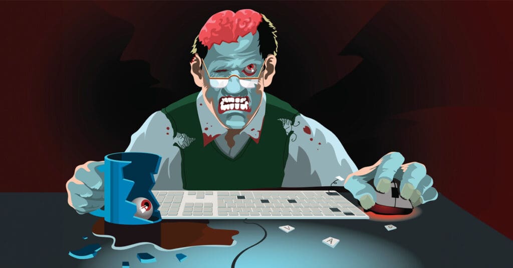 Illustration of a bloodied corporate zombie at a computer desk, representing a tendering horror story.