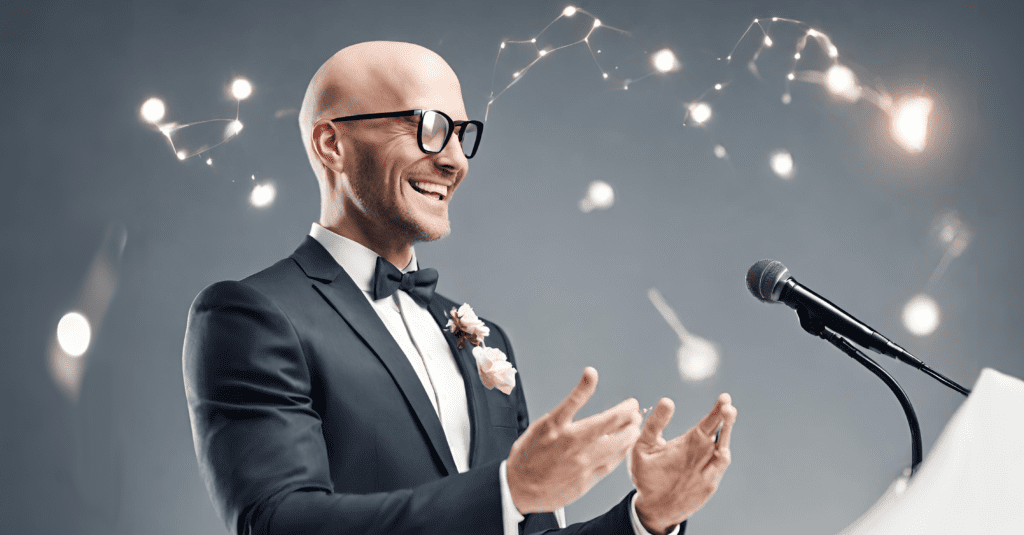 AI generated image of a man giving a wedding speech while AI technology imitates his soul