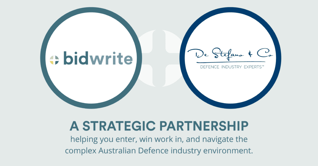 BidWrite & De Stefano & Co logos side by side within circles. 'A strategic partnership helping you enter, winwork in, and navigate the complex Australian Defence industry environment.' written beneath.