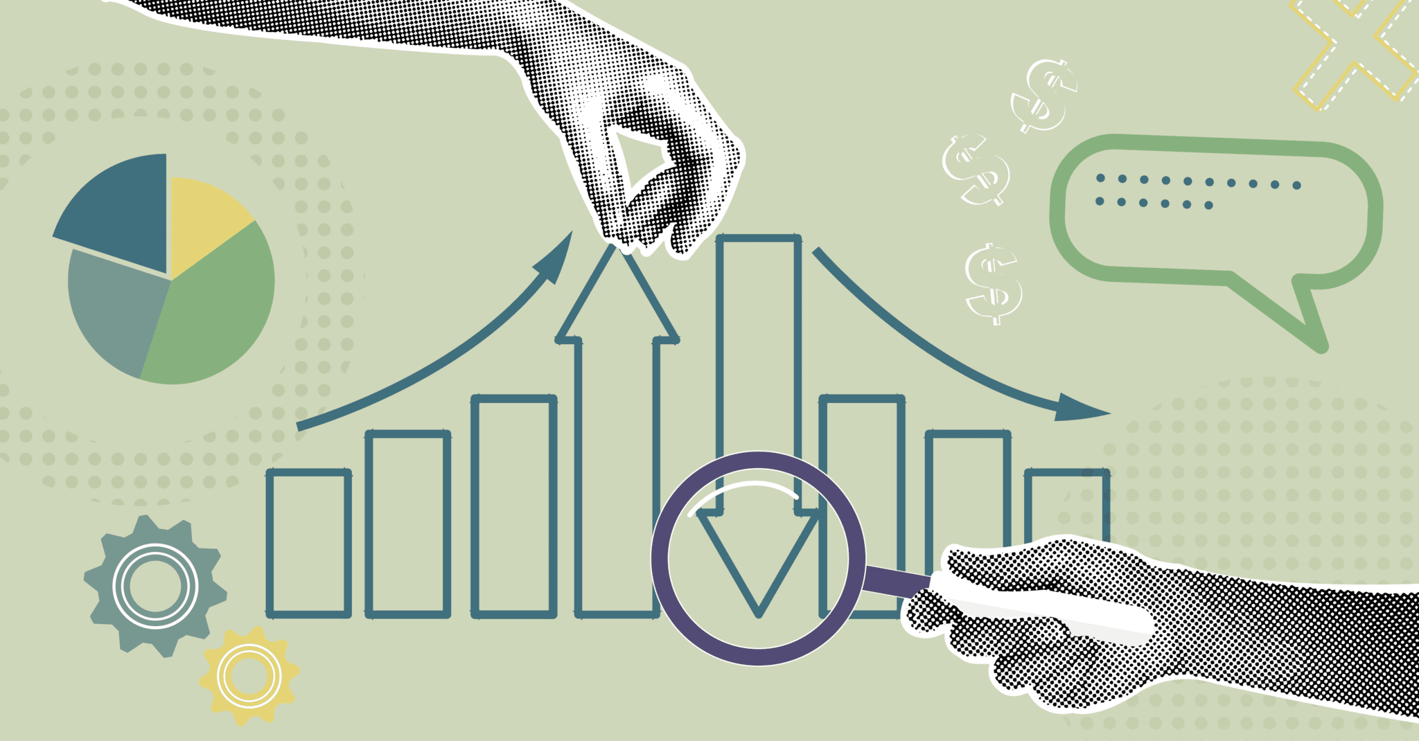 collage-style graphic depicting hands examining procurement trends - represented by graphs and icons.