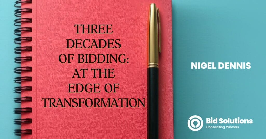 A notebook titled 'Three decades of bidding: at the edge of transformation' with a pen. Author Nigel Dennis and Bid Solutions logo