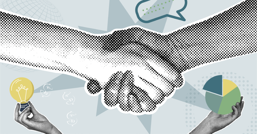 collage-style graphic depicting a supplier and buyer handshake - representing suppliers capitalising on procurement trends to win work.