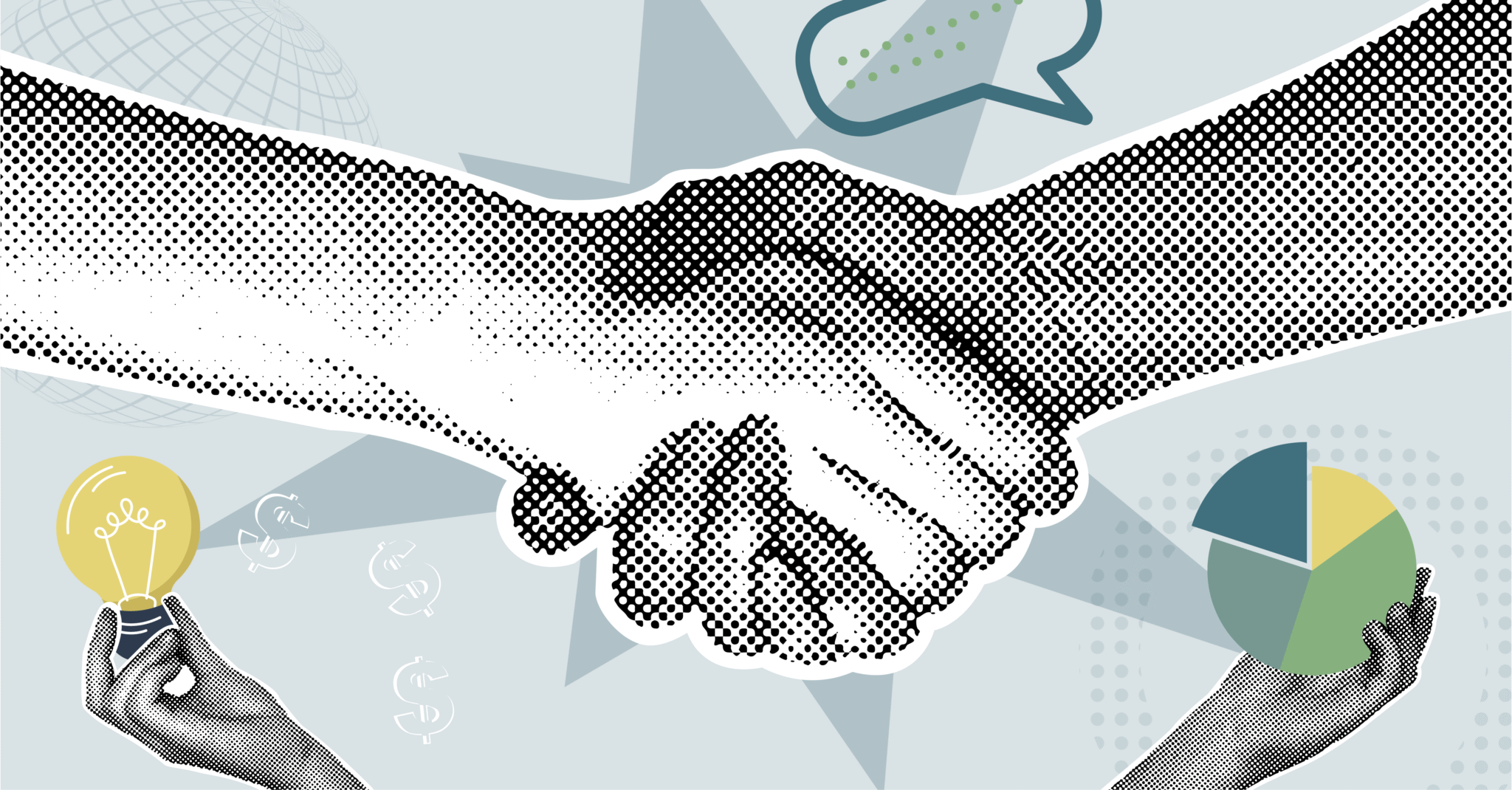 collage-style graphic depicting a supplier and buyer handshake - representing suppliers capitalising on procurement trends to win work.