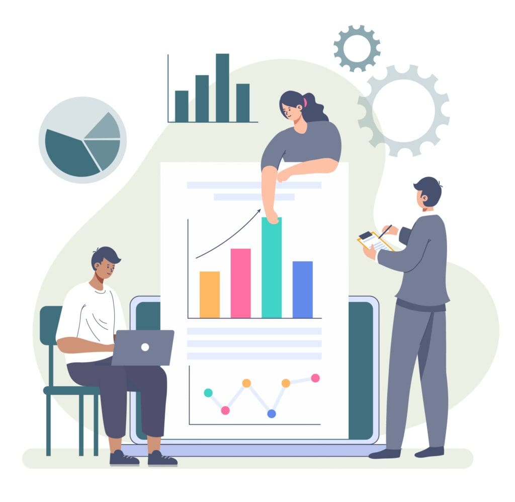 Vector illustration of bid consultants working on proposal graphics such as graphs, charts, diagrams.