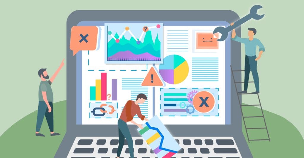 Vector illustration of proposal graphic mistakes in tender documents being identified with X or ! icons, and fixed or replaced.