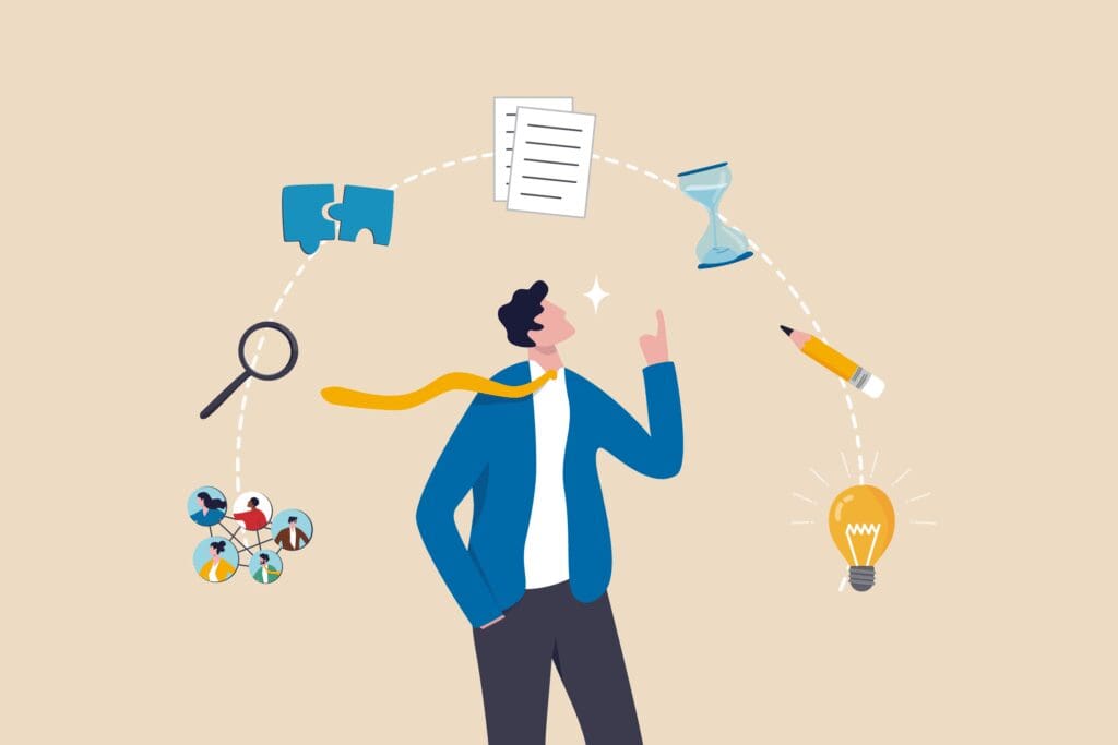 Illustration of a man considering a bid writing career. He looks at various icons that represent the unique aspects of bid writing e.g. hourglass, pencil, paper and puzzle pieces.