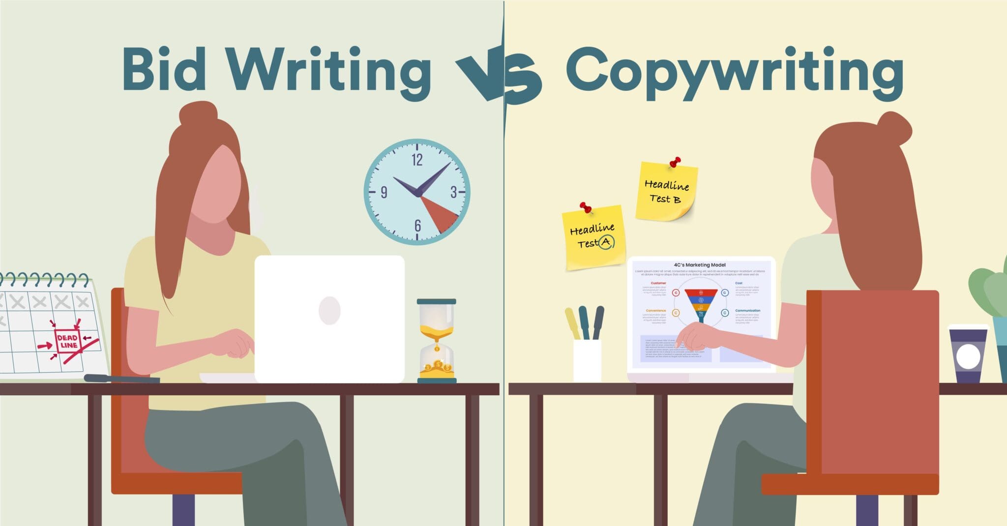 Illustration comparing bid writing and copywriting, shows a bid writer working to deadlines and a copywriter testing marketing content.