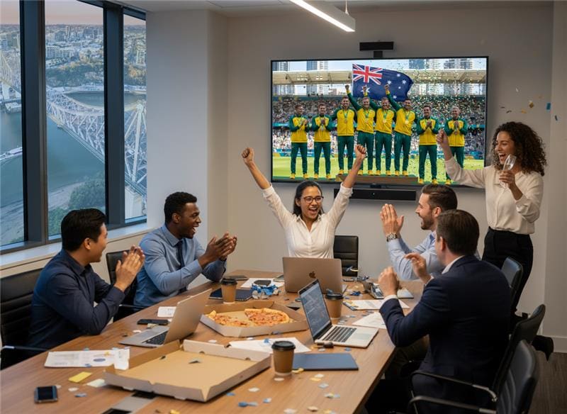 A Brisbane-based procurement team prepare for the Brisbane 2032 Olympics in a boardroom, cheering for Australian athletes on screen.