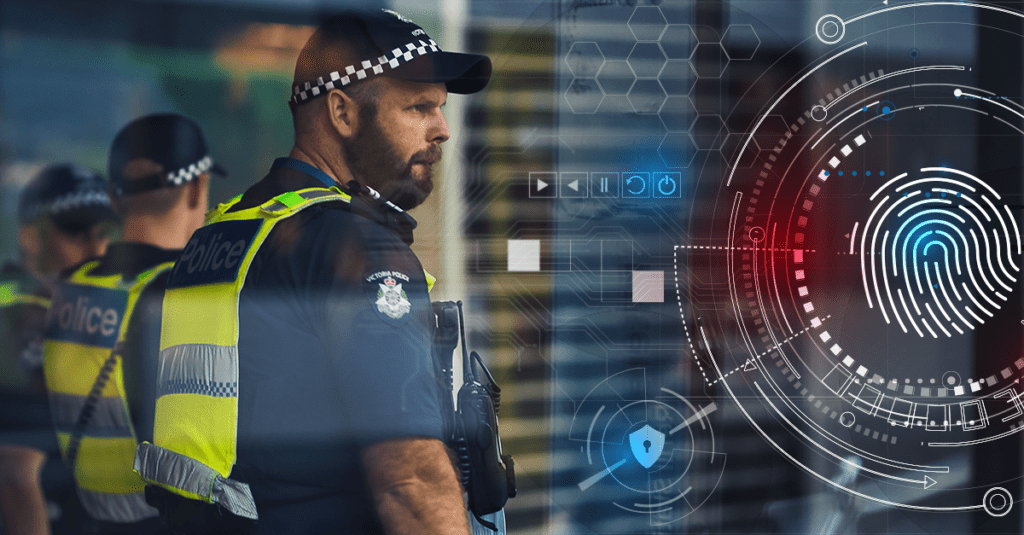 Police technology tenders represented by a photo of Victorian police officers with abstract fingerprint, security, technology icons overlayed.